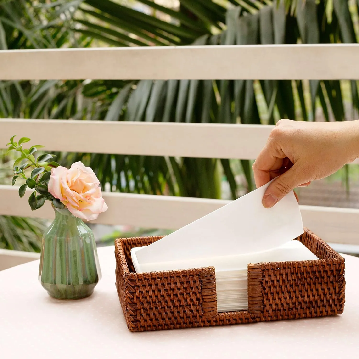 Rattan Guest Towel Holder For Bathroom Towel Caddy Rectangular Napkin Tray 9.4 X 5.9 X 2.4 Inches Wicker Toilet Tank Basket Tissue Paper Hand Towels Storage Countertop (Guest Towel, Dark Brown)