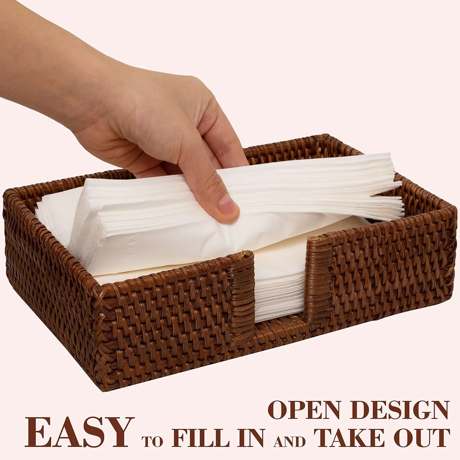 Rattan Guest Towel Holder For Bathroom Towel Caddy Rectangular Napkin Tray 9.4 X 5.9 X 2.4 Inches Wicker Toilet Tank Basket Tissue Paper Hand Towels Storage Countertop (Guest Towel, Dark Brown)