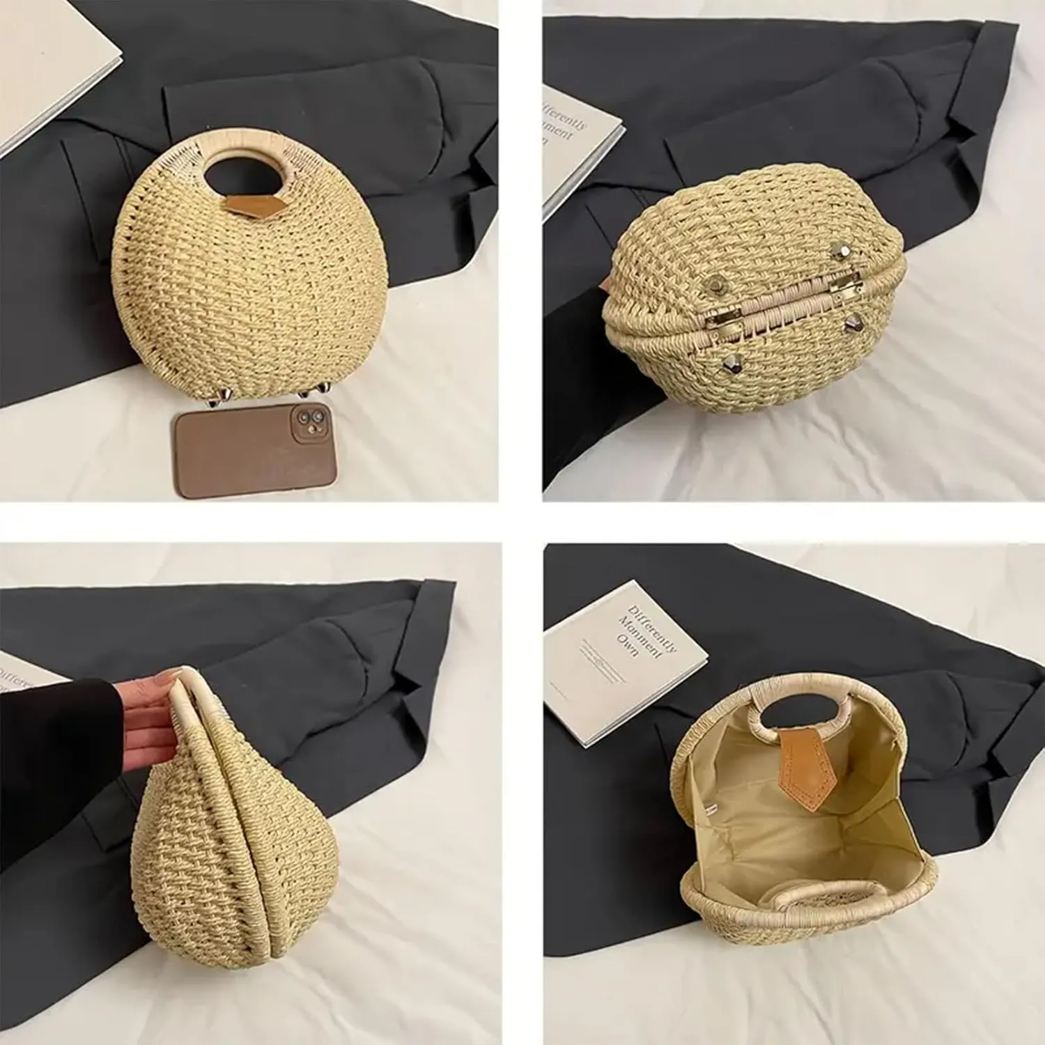 Rattan Handbags for women, Handwoven Straw Bag, Summer Beach Rattan Tote Bag, Round Handle Ring Purses, Retro Woven Shell Bag