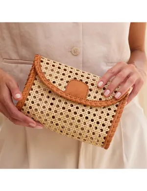 Rattan Weave Clutch, Brown Leather