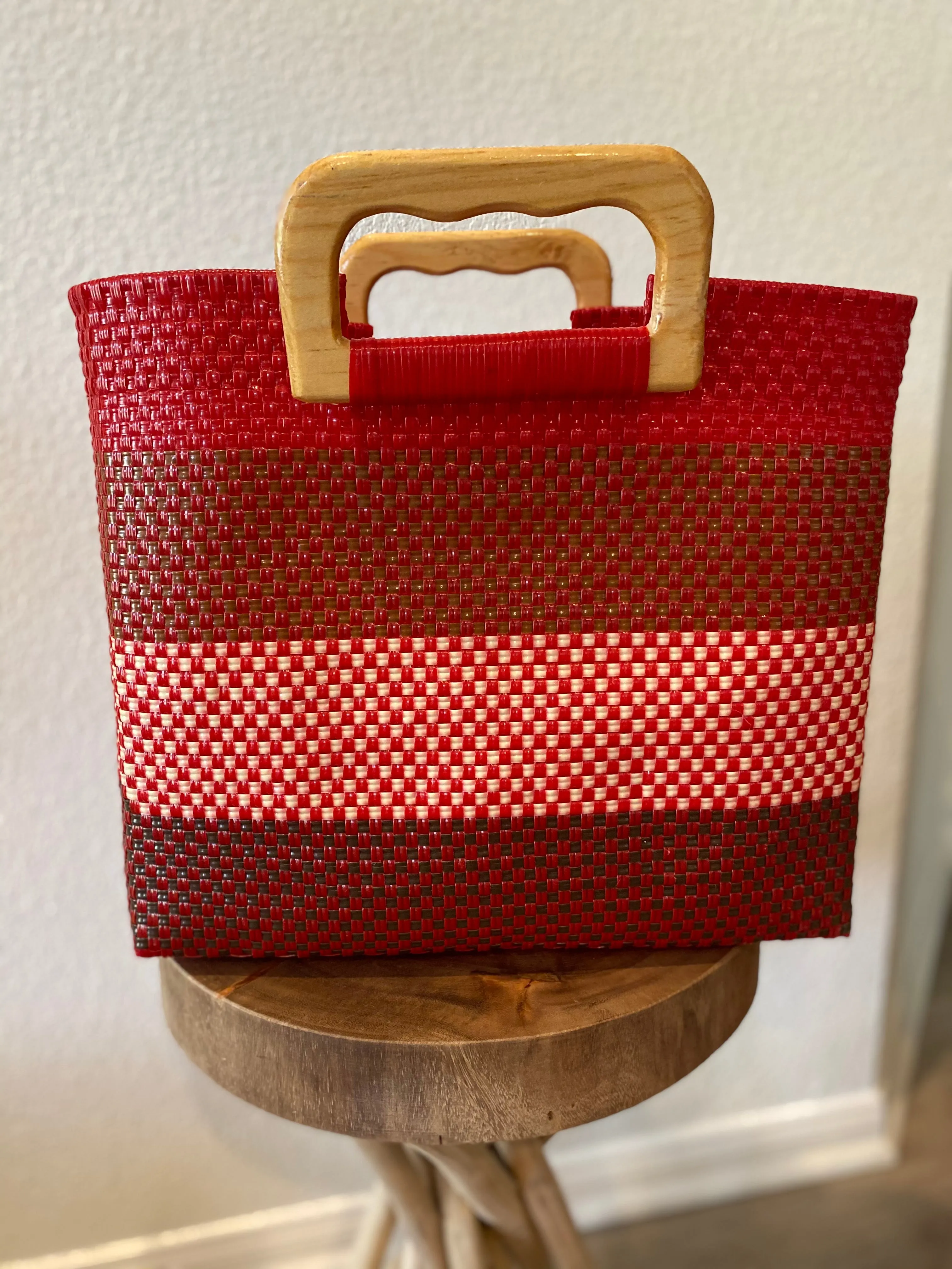 Red Wood-Handled Woven Tote