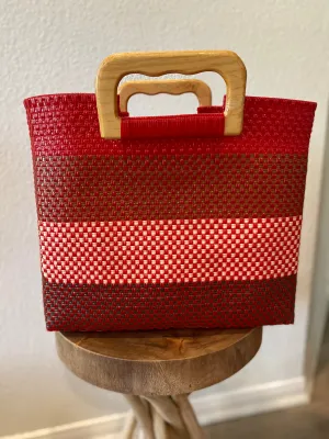 Red Wood-Handled Woven Tote