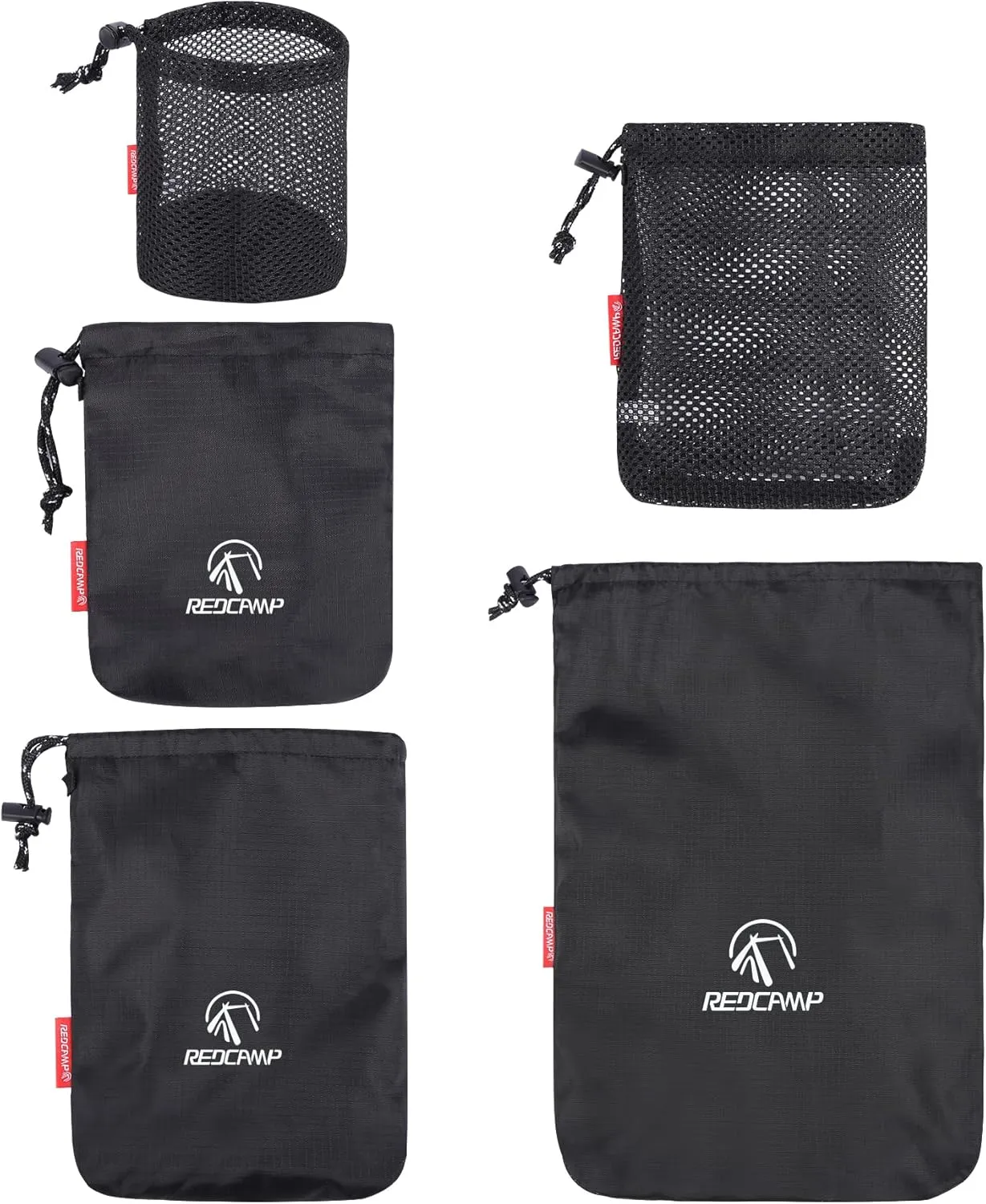 REDCAMP Stuff Sack Set of 5, Lightweight Mesh Nylon Drawstring Storage Bag Pouch for Travelling Hiking Black