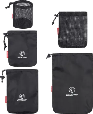 REDCAMP Stuff Sack Set of 5, Lightweight Mesh Nylon Drawstring Storage Bag Pouch for Travelling Hiking Black