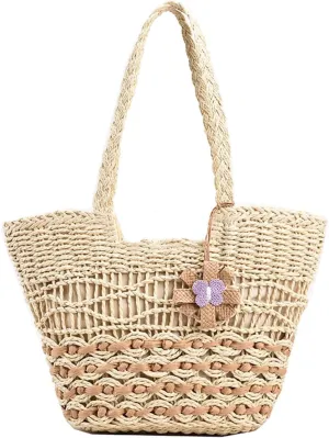 Rejolly Straw Tote Bag for Women Summer Vacation Beach Handbags Boho Rattan Woven Shoulder Purse Zipper Closure