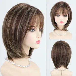 RENERSHOW Ombre Brown with Blonde Highlights Layered Bob Wig with Bangs Medium Length Straight Bob Wigs for Women 12inch Synthetic Natural Looking Daily Party Average Size Wig