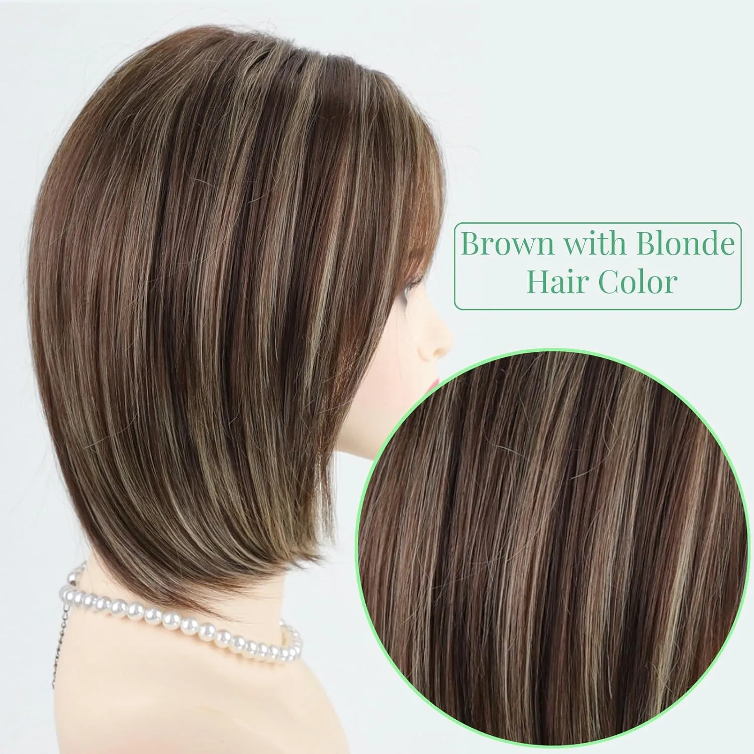 RENERSHOW Ombre Brown with Blonde Highlights Layered Bob Wig with Bangs Medium Length Straight Bob Wigs for Women 12inch Synthetic Natural Looking Daily Party Average Size Wig