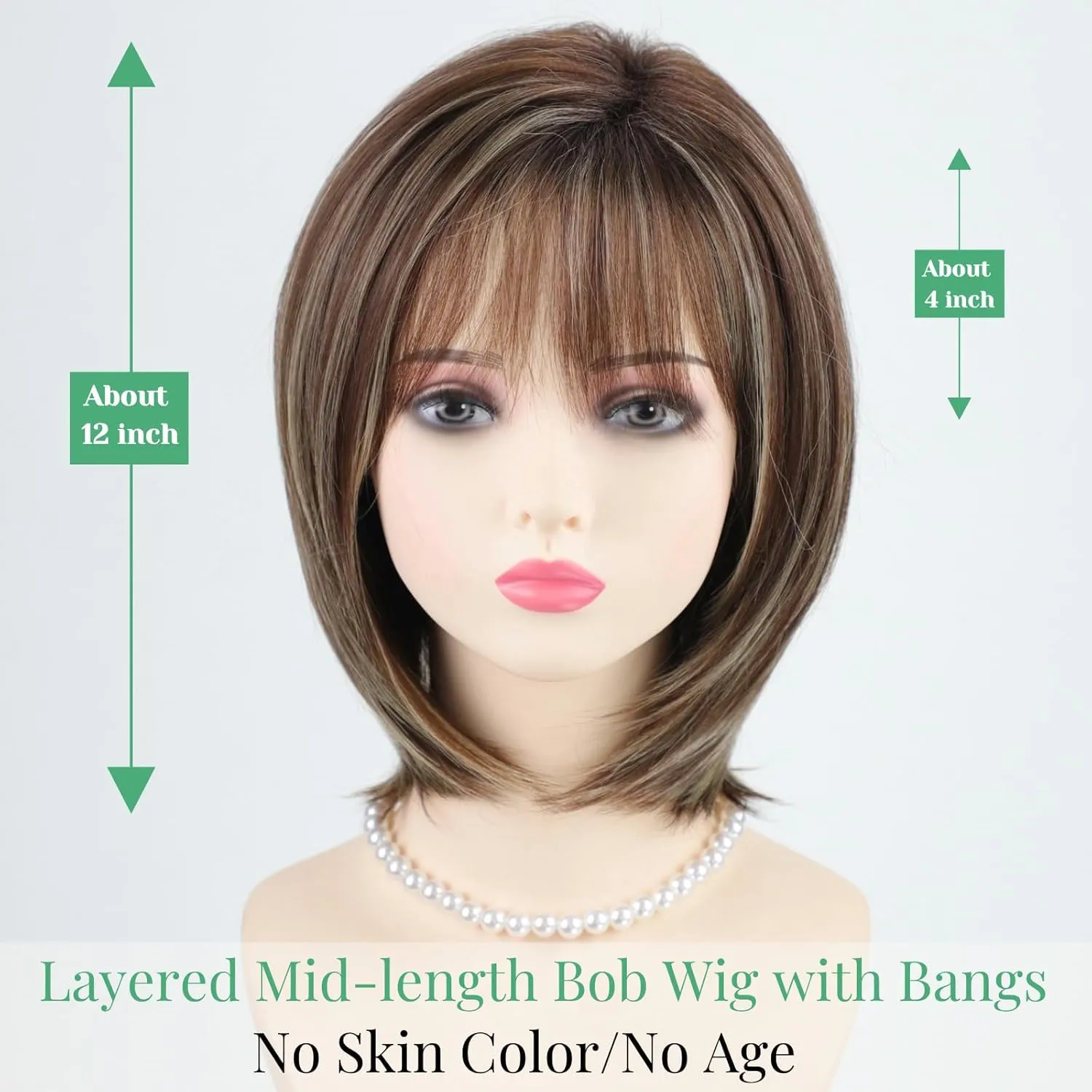 RENERSHOW Ombre Brown with Blonde Highlights Layered Bob Wig with Bangs Medium Length Straight Bob Wigs for Women 12inch Synthetic Natural Looking Daily Party Average Size Wig