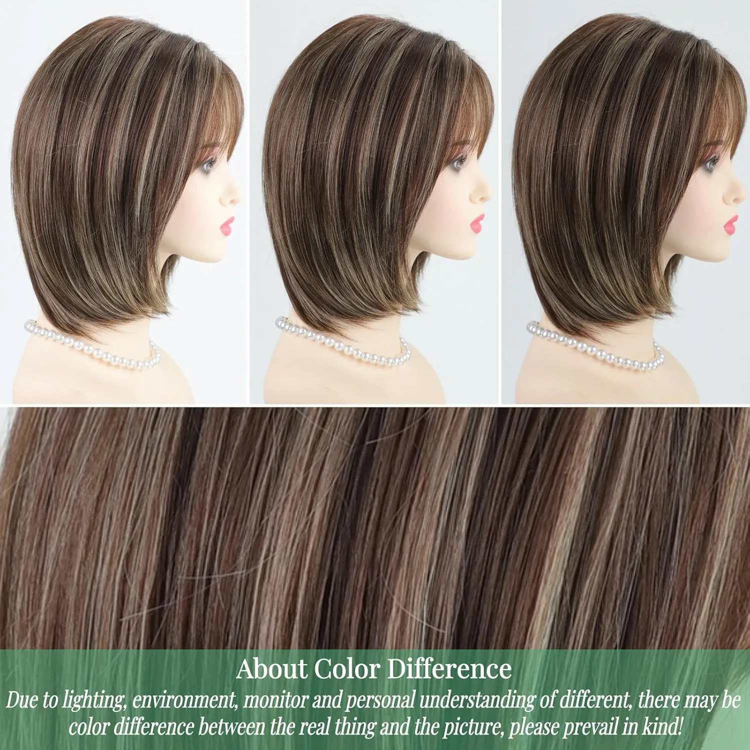 RENERSHOW Ombre Brown with Blonde Highlights Layered Bob Wig with Bangs Medium Length Straight Bob Wigs for Women 12inch Synthetic Natural Looking Daily Party Average Size Wig