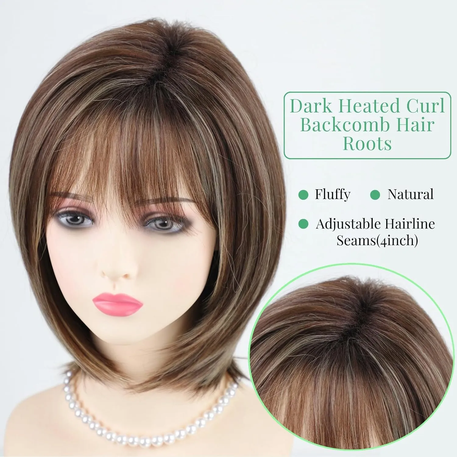 RENERSHOW Ombre Brown with Blonde Highlights Layered Bob Wig with Bangs Medium Length Straight Bob Wigs for Women 12inch Synthetic Natural Looking Daily Party Average Size Wig