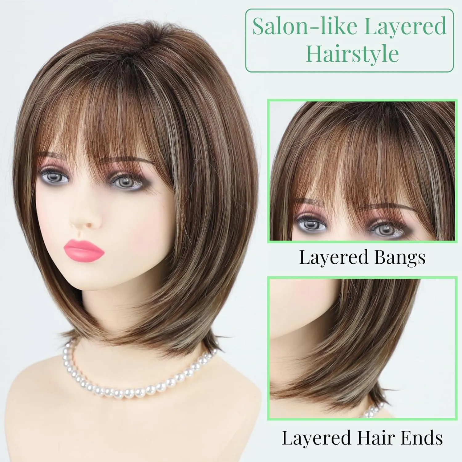 RENERSHOW Ombre Brown with Blonde Highlights Layered Bob Wig with Bangs Medium Length Straight Bob Wigs for Women 12inch Synthetic Natural Looking Daily Party Average Size Wig
