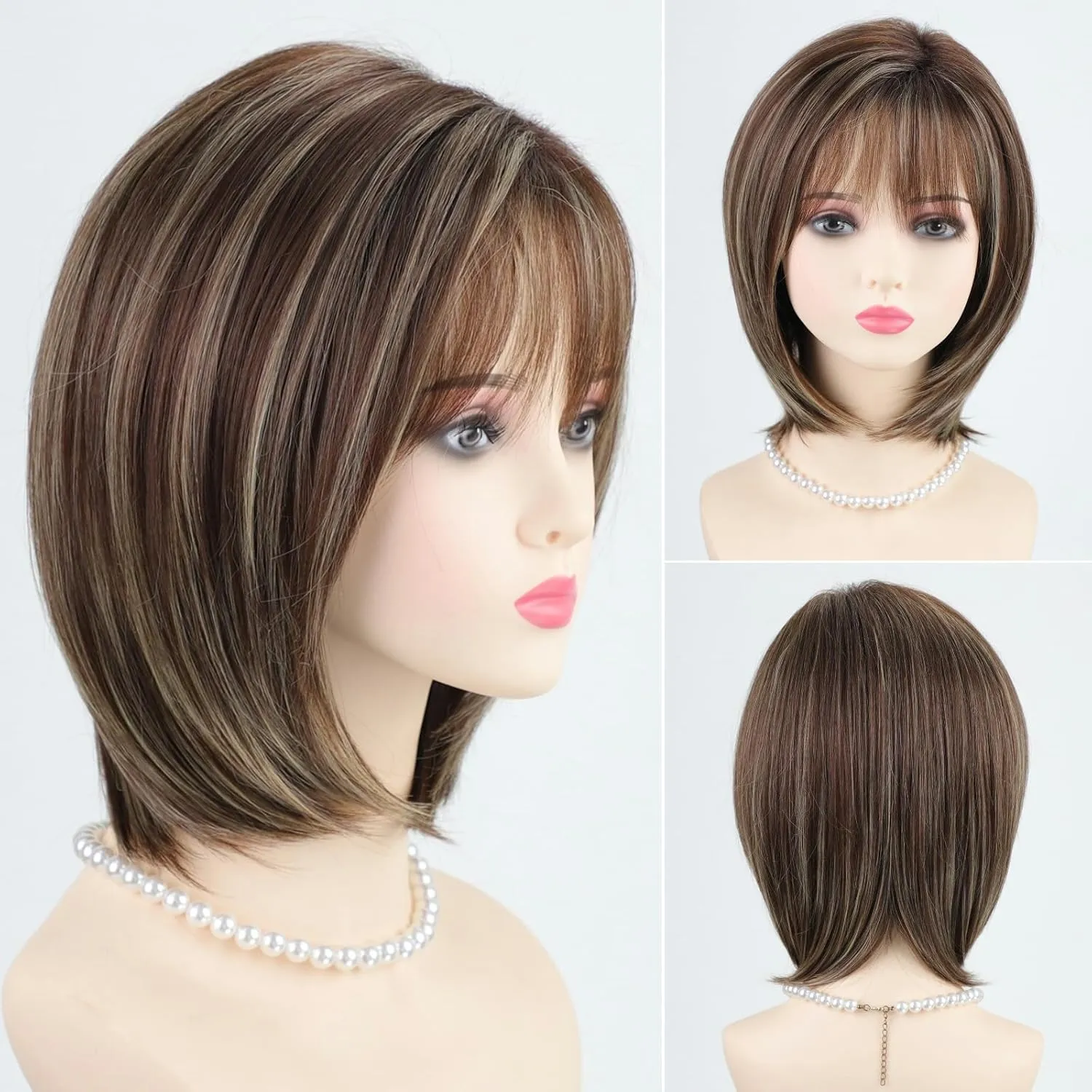 RENERSHOW Ombre Brown with Blonde Highlights Layered Bob Wig with Bangs Medium Length Straight Bob Wigs for Women 12inch Synthetic Natural Looking Daily Party Average Size Wig