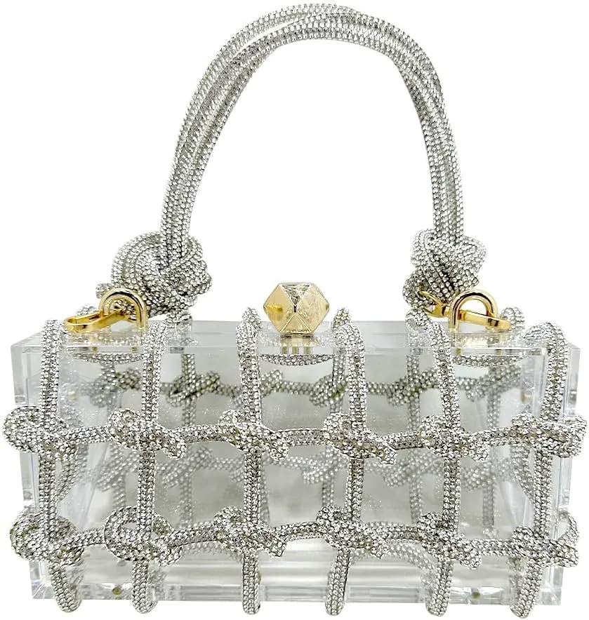 Rhinestone Acrylic Clutch Sparkly Silver Evening Bag, Clear Purse with Bling Rope Perfect for Bridal Prom Club