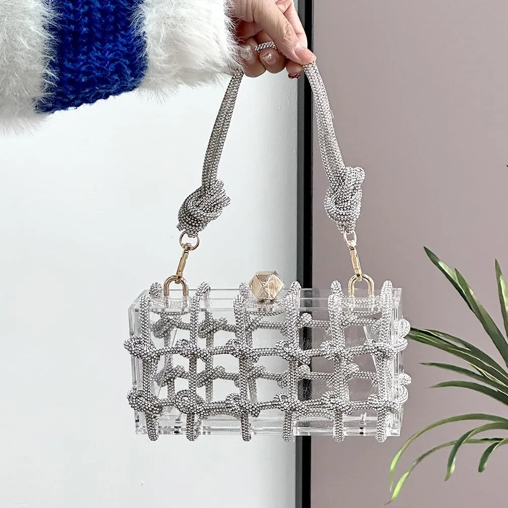 Rhinestone Acrylic Clutch Sparkly Silver Evening Bag, Clear Purse with Bling Rope Perfect for Bridal Prom Club