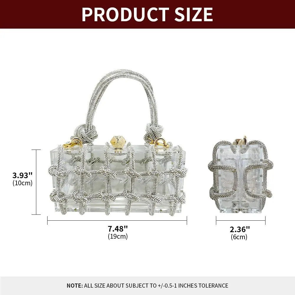 Rhinestone Acrylic Clutch Sparkly Silver Evening Bag, Clear Purse with Bling Rope Perfect for Bridal Prom Club