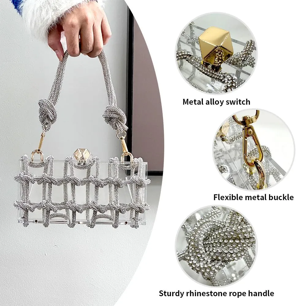 Rhinestone Acrylic Clutch Sparkly Silver Evening Bag, Clear Purse with Bling Rope Perfect for Bridal Prom Club