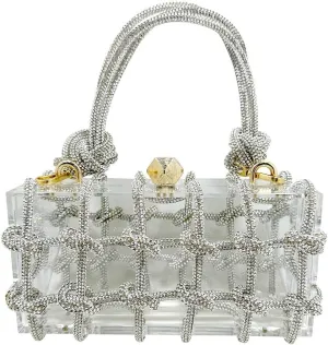 Rhinestone Acrylic Clutch Sparkly Silver Evening Bag, Clear Purse with Bling Rope Perfect for Bridal Prom Club