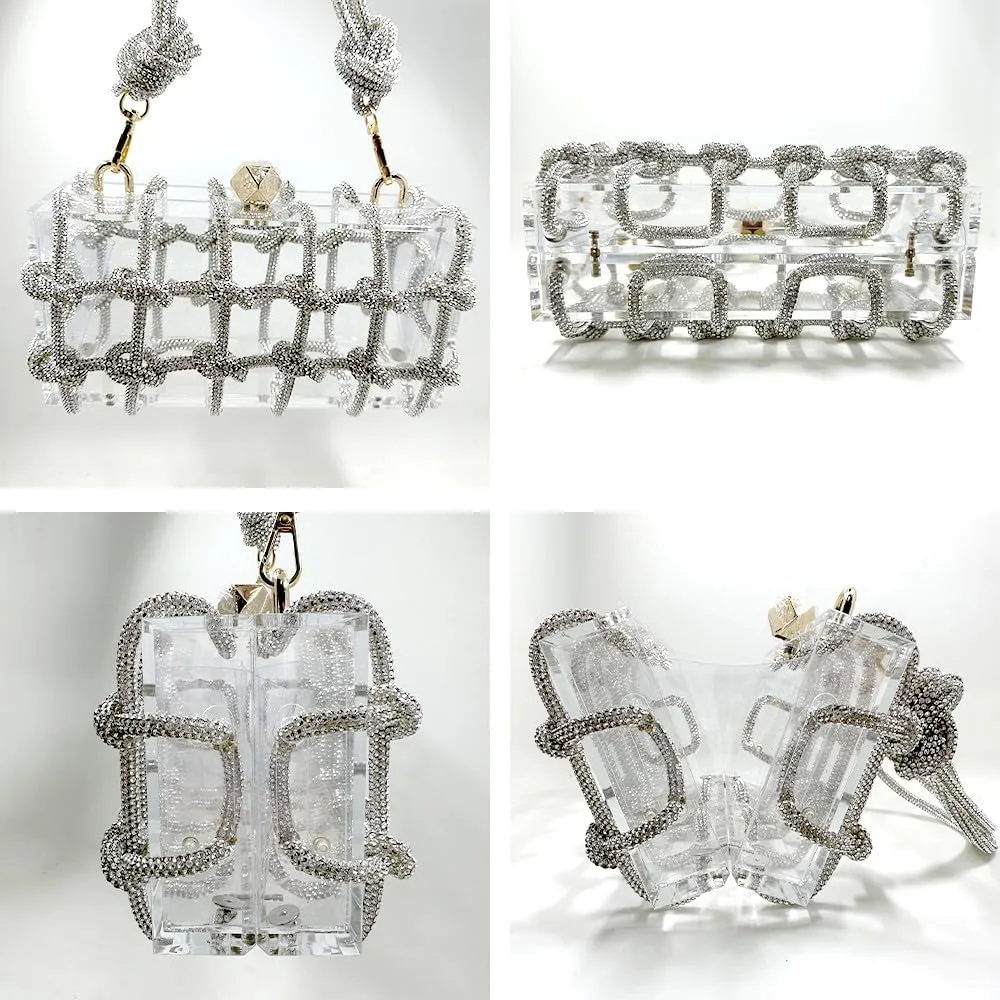 Rhinestone Acrylic Clutch Sparkly Silver Evening Bag, Clear Purse with Bling Rope Perfect for Bridal Prom Club