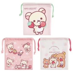 [Rilakkuma] - Korilakkuma Full of Strawberry Day - 3x Kinchaku Pouch Set San-X Official Japan 2024