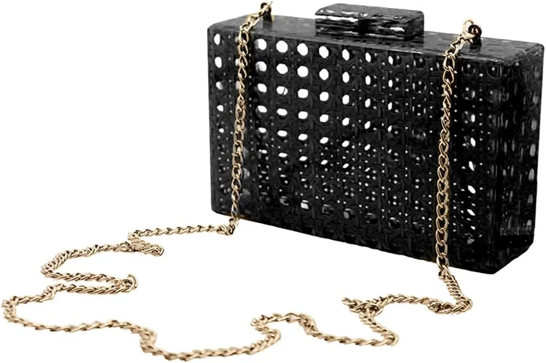 RomanticDesign Women Acrylic Handbag Rattan Woven Pattern Square Box Crossbody Handbag Shoulder Bag Chain Purse