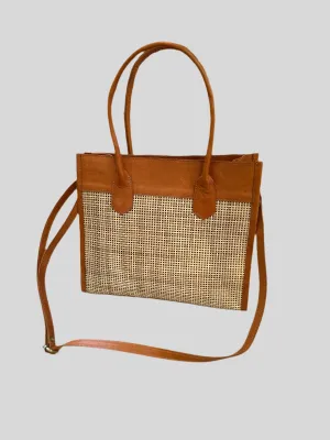 Rome Rattan Handbag | Tan Leather & Natural Rattan with Adjustable Crossbody Strap