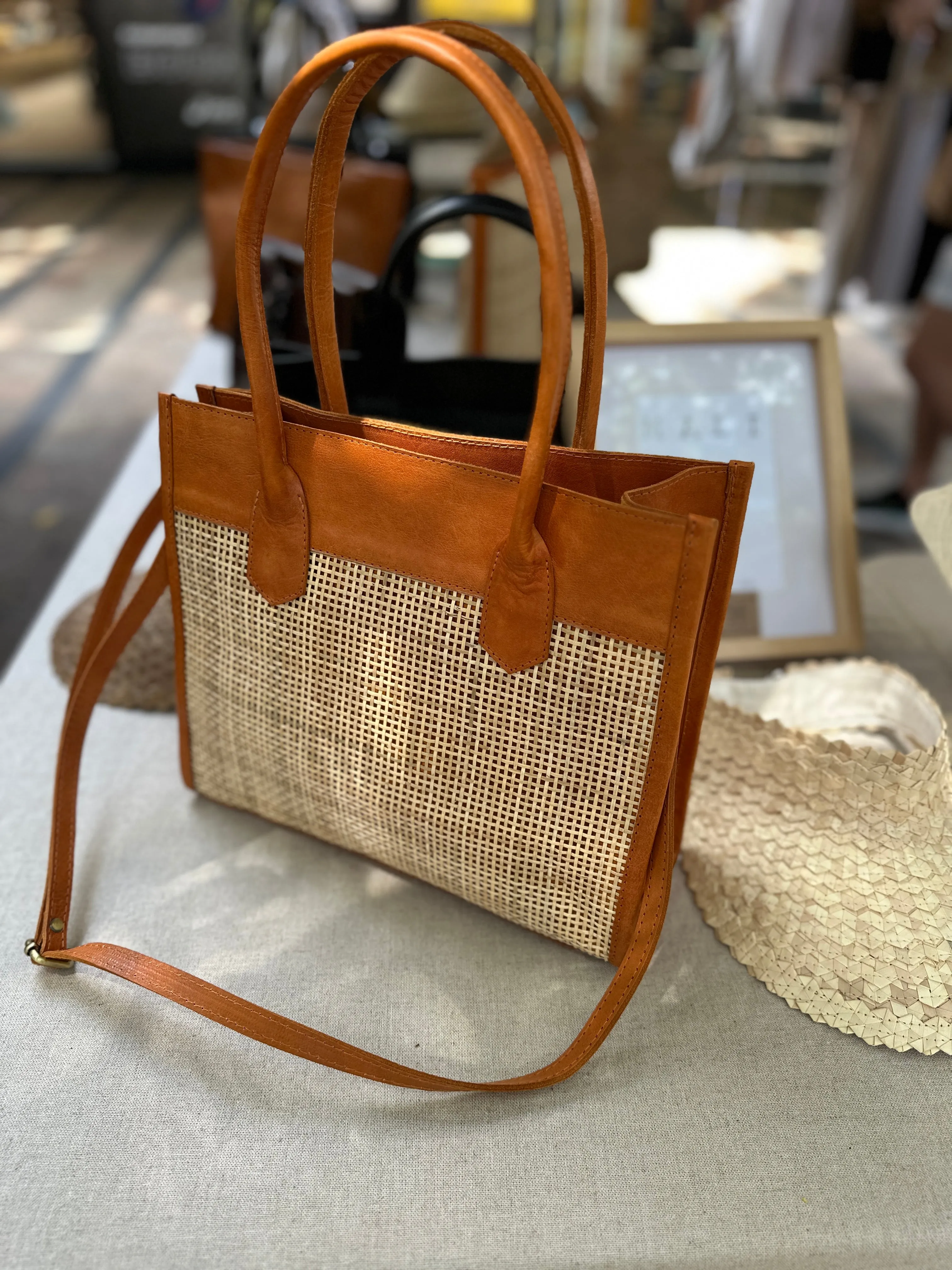 Rome Rattan Handbag | Tan Leather & Natural Rattan with Adjustable Crossbody Strap