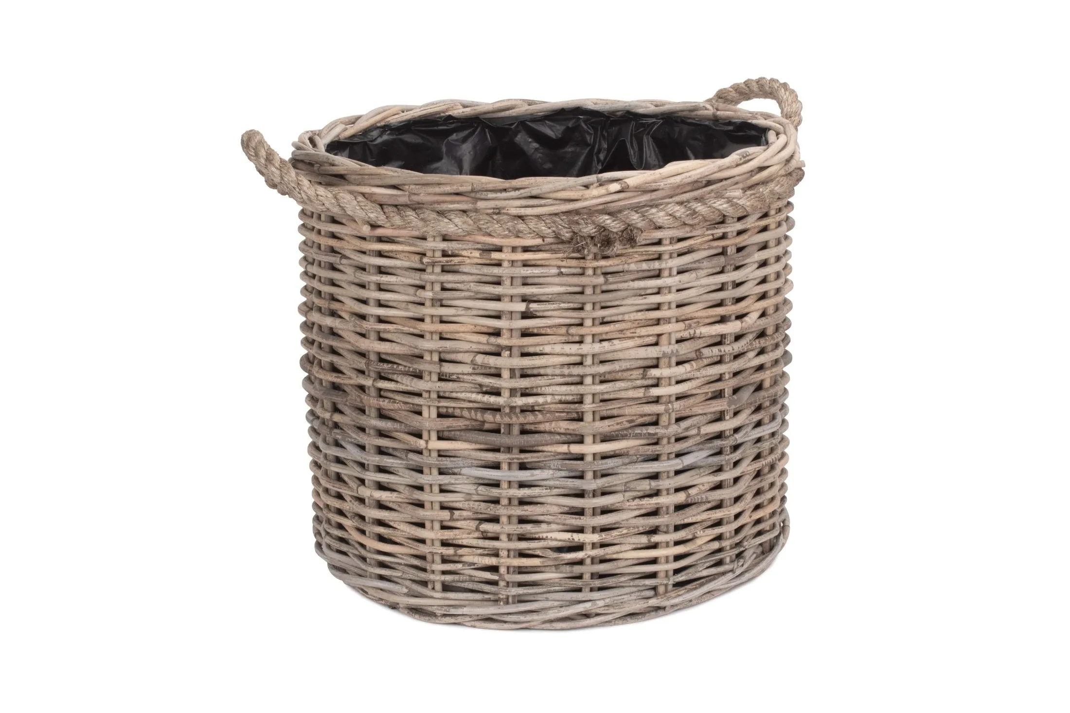 Rope Handled Rattan Round Planter With Plastic Lining Set 2