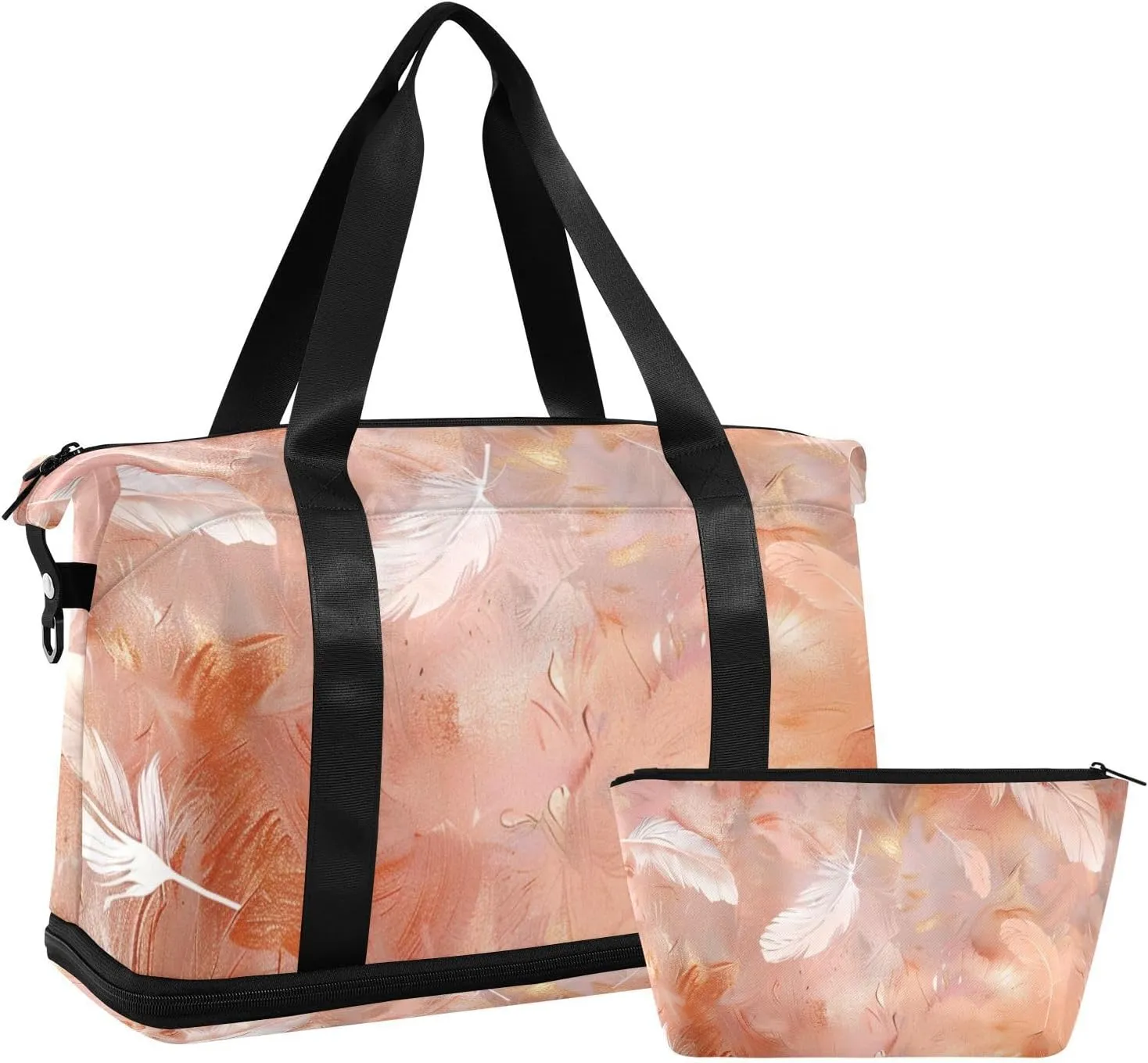 Rose Gold Feather Duffel Bag Carry on Bag with Toiletry Bag for Business Trips Multifunctional