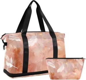 Rose Gold Feather Duffel Bag Carry on Bag with Toiletry Bag for Business Trips Multifunctional