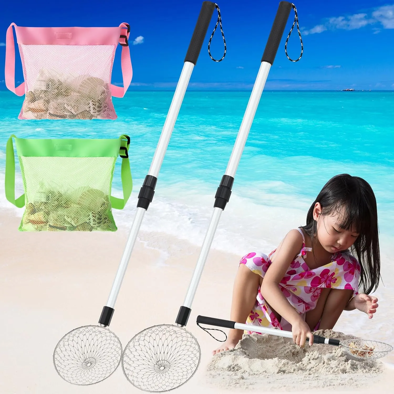 Roshtia 2 Pack Beach Sand Sifter Scoop with 2 Shell Bags Long Adjustable Handle Mesh Sand Digger, Rock Scooper for Rock Shells Shark Tooth Beach Shelling Tools Toys(Gray)