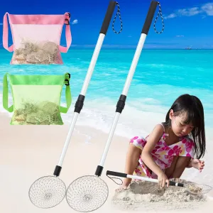 Roshtia 2 Pack Beach Sand Sifter Scoop with 2 Shell Bags Long Adjustable Handle Mesh Sand Digger, Rock Scooper for Rock Shells Shark Tooth Beach Shelling Tools Toys(Gray)