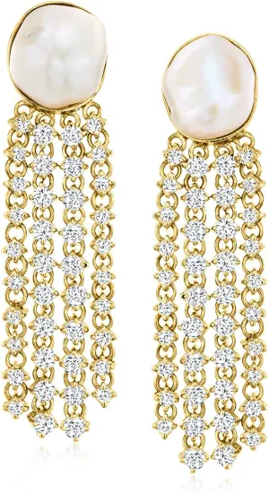 Ross-Simons 11-12mm Cultured Baroque Pearl and 5.50 ct. t.w. White Topaz Drop Earrings in 18kt Gold Over Sterling