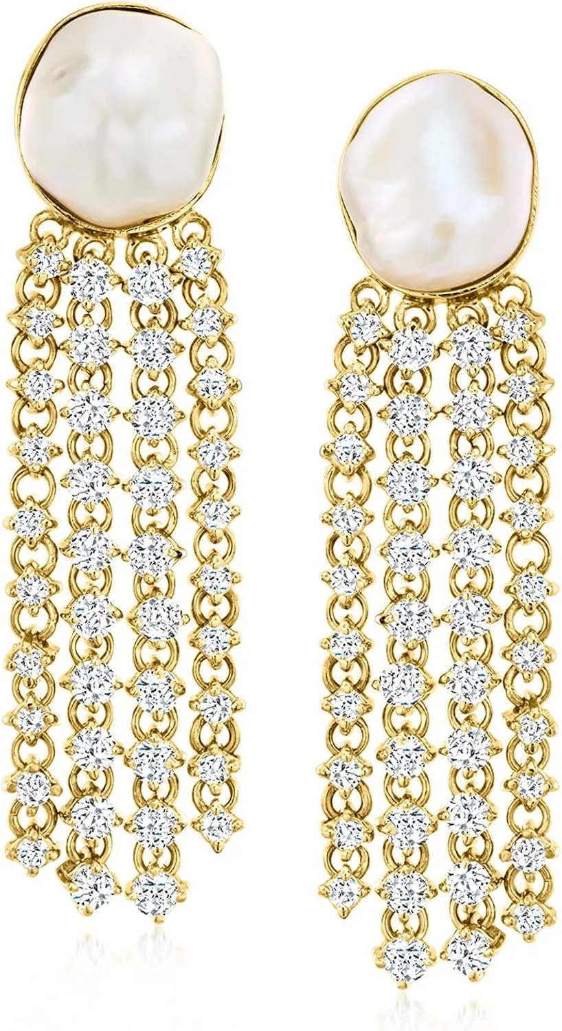 Ross-Simons 11-12mm Cultured Baroque Pearl and 5.50 ct. t.w. White Topaz Drop Earrings in 18kt Gold Over Sterling