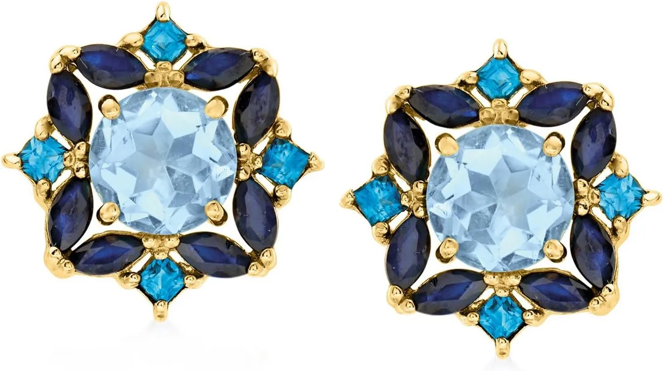 Ross-Simons 3.10 ct. t.w. Sky Blue Topaz and 2.00 ct. t.w. Sapphire Earrings in 18kt Gold Over Sterling