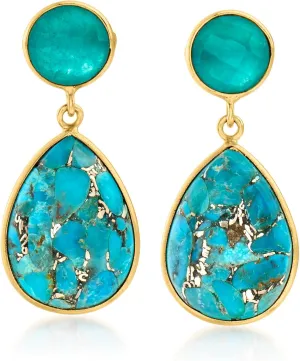 Ross-Simons Turquoise and 3.60 ct. t.w. Green Quartz Drop Earrings in 18kt Gold Over Sterling