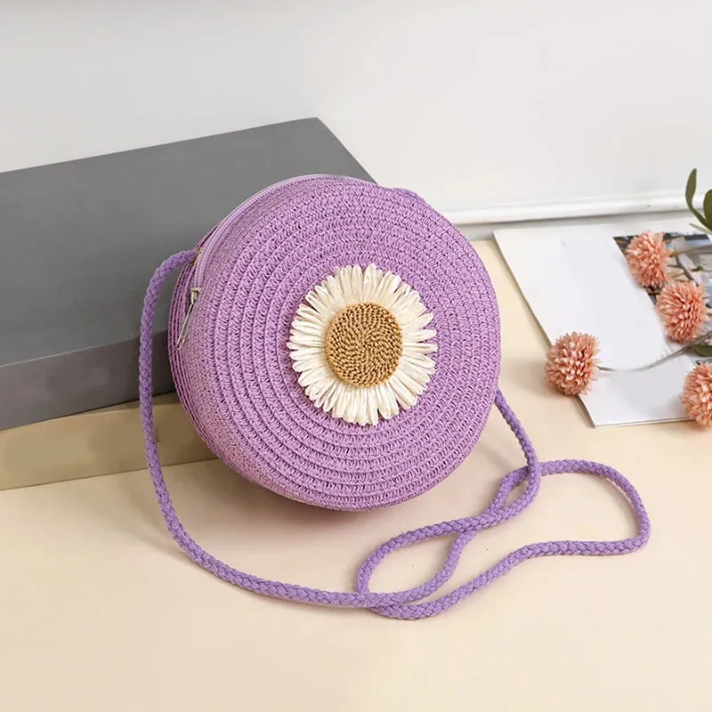 Round Flower Straw Bag Women Woven Beach Crossbody Bag for Ladies Shoulder Rattan Handmade Knitted Candy Color Handbag Bolsa