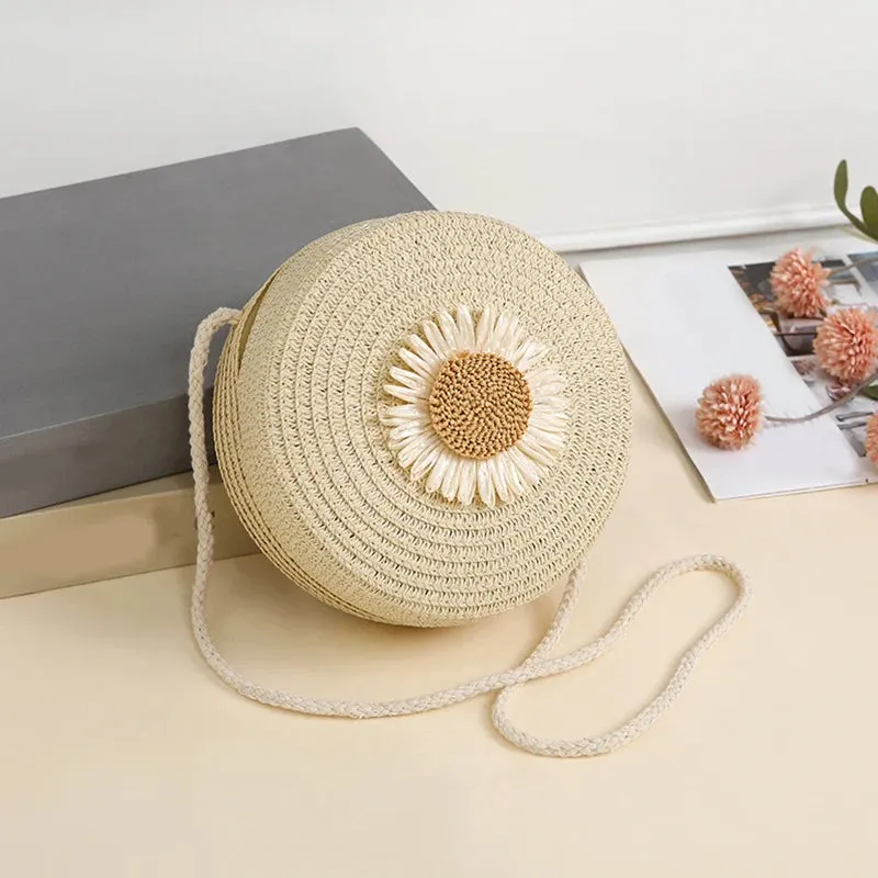 Round Flower Straw Bag Women Woven Beach Crossbody Bag for Ladies Shoulder Rattan Handmade Knitted Candy Color Handbag Bolsa