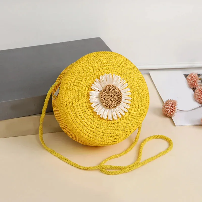Round Flower Straw Bag Women Woven Beach Crossbody Bag for Ladies Shoulder Rattan Handmade Knitted Candy Color Handbag Bolsa