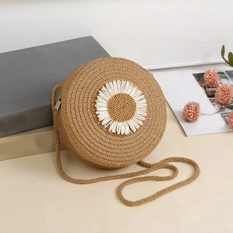 Round Flower Straw Bag Women Woven Beach Crossbody Bag for Ladies Shoulder Rattan Handmade Knitted Candy Color Handbag Bolsa