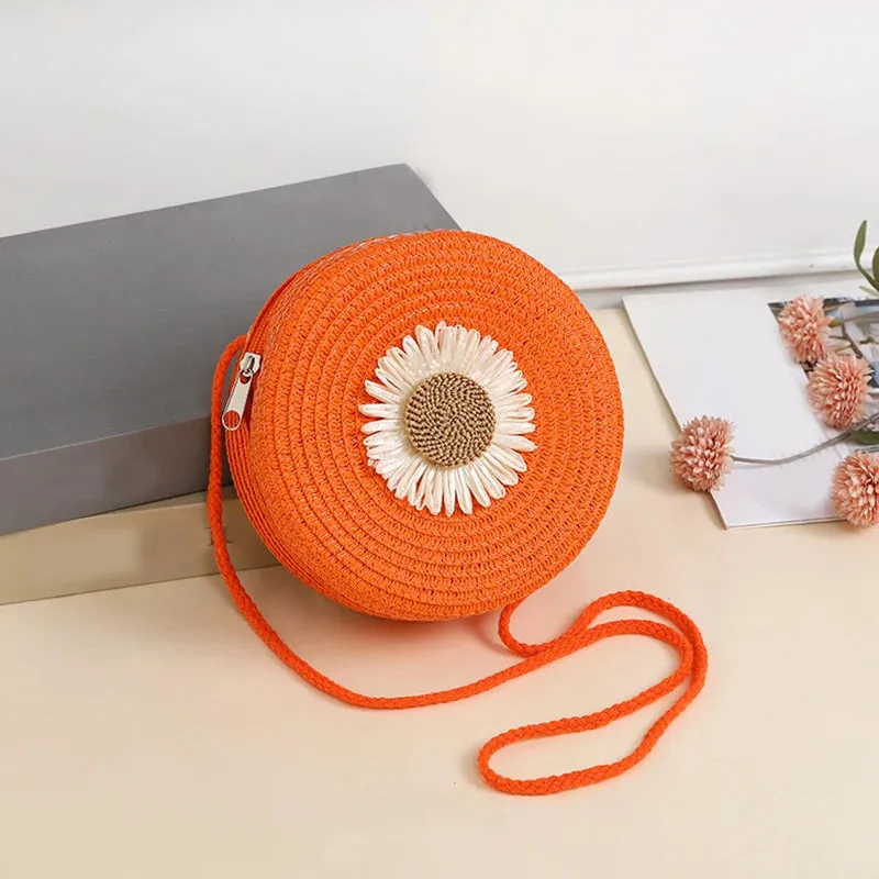 Round Flower Straw Bag Women Woven Beach Crossbody Bag for Ladies Shoulder Rattan Handmade Knitted Candy Color Handbag Bolsa