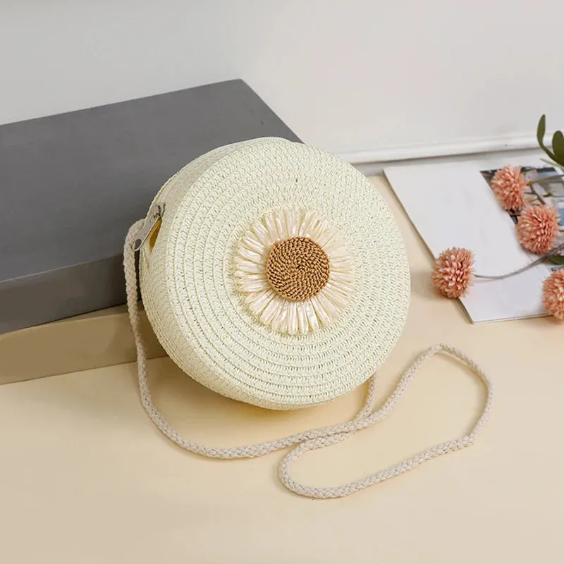 Round Flower Straw Bag Women Woven Beach Crossbody Bag for Ladies Shoulder Rattan Handmade Knitted Candy Color Handbag Bolsa