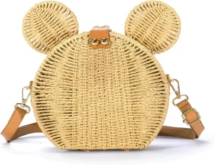 Round Rattan Straw Bag Purse for Women Handmade Cute Mouse Ear Wicker Woven Purse Crossbody Shoulder Bag Handbag
