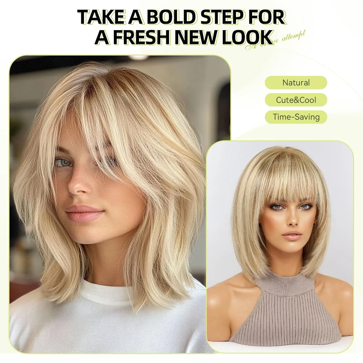 RSY Ombre Golden Brown Human Hair Bob Wigs for Women, Shoulder Length Remy Human Hair Wig with Bangs