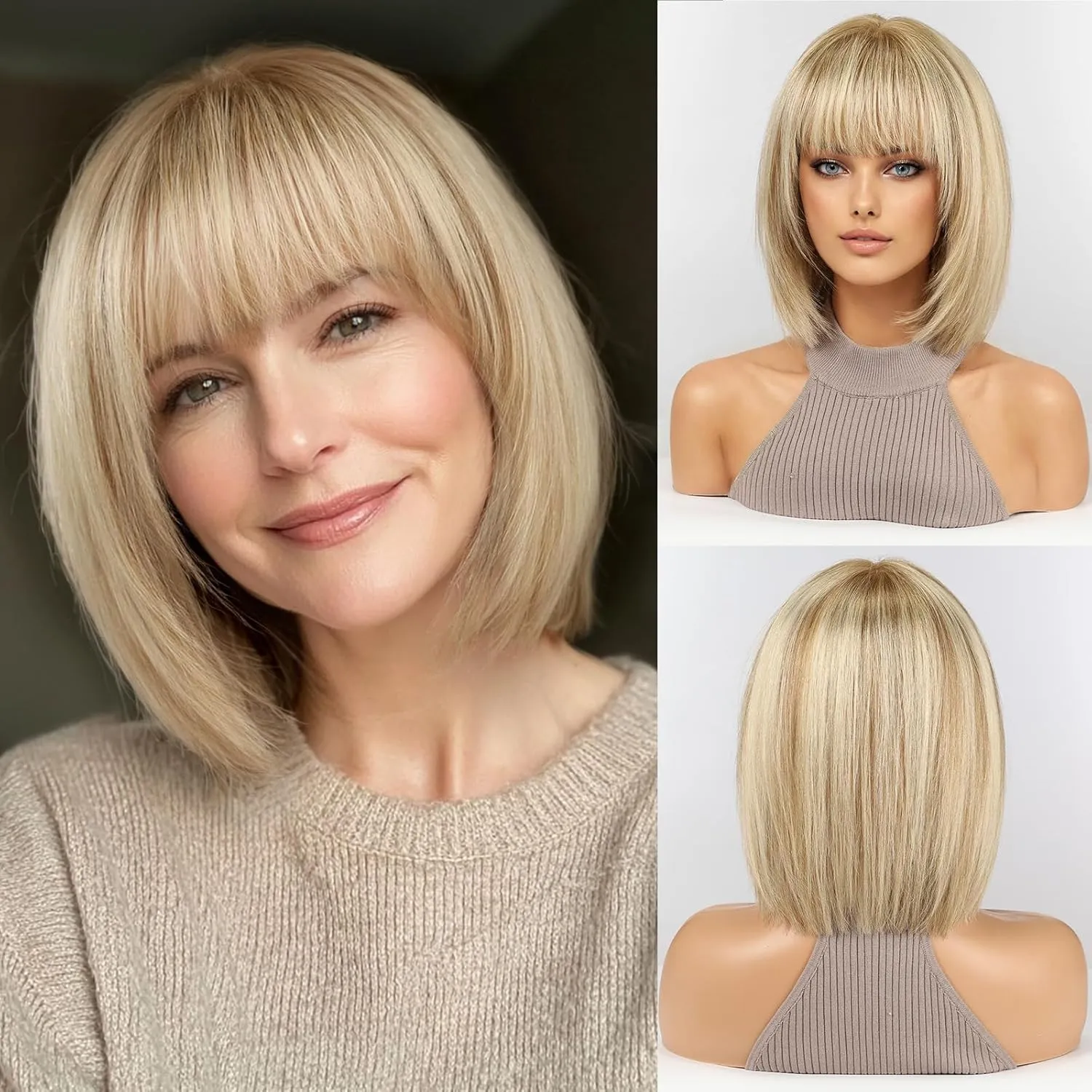 RSY Ombre Golden Brown Human Hair Bob Wigs for Women, Shoulder Length Remy Human Hair Wig with Bangs
