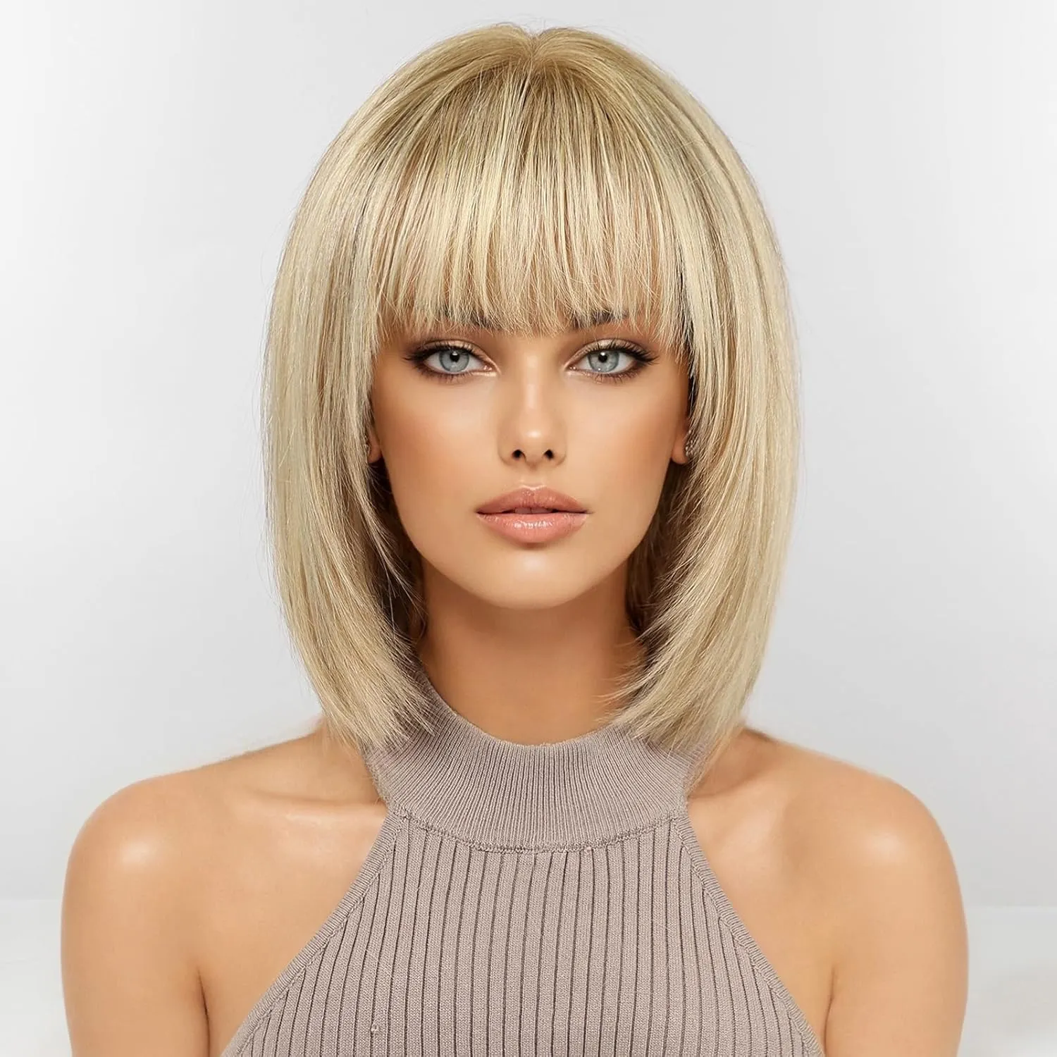 RSY Ombre Golden Brown Human Hair Bob Wigs for Women, Shoulder Length Remy Human Hair Wig with Bangs