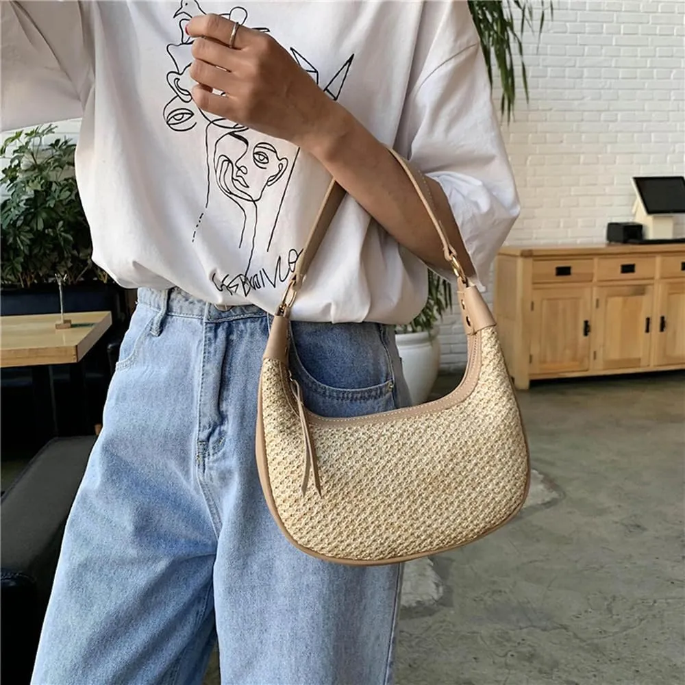 RTGGSEL Boho Summer Retro Women's Straw Rattan Beach Tote Bag Crossbody Shoulder Bags Hobo Underarm Handbag Straw Purse