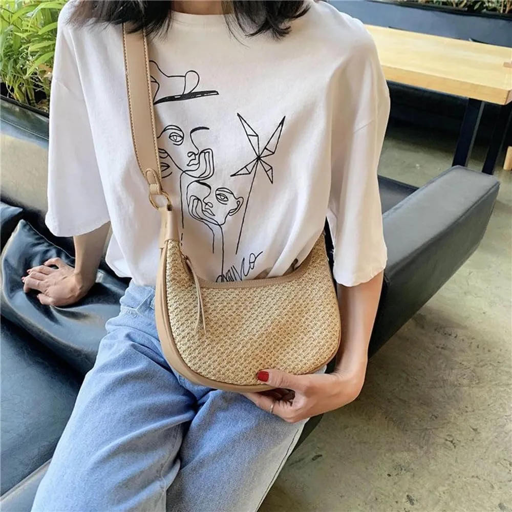 RTGGSEL Boho Summer Retro Women's Straw Rattan Beach Tote Bag Crossbody Shoulder Bags Hobo Underarm Handbag Straw Purse