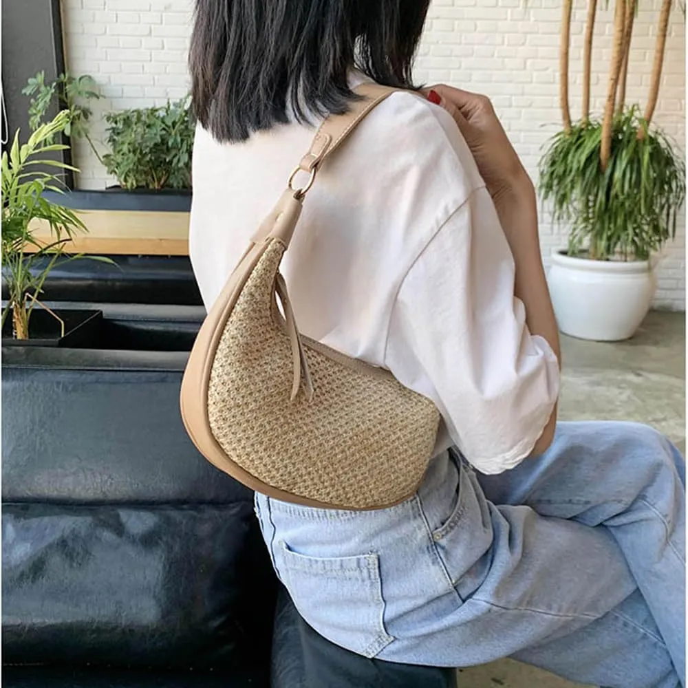 RTGGSEL Boho Summer Retro Women's Straw Rattan Beach Tote Bag Crossbody Shoulder Bags Hobo Underarm Handbag Straw Purse