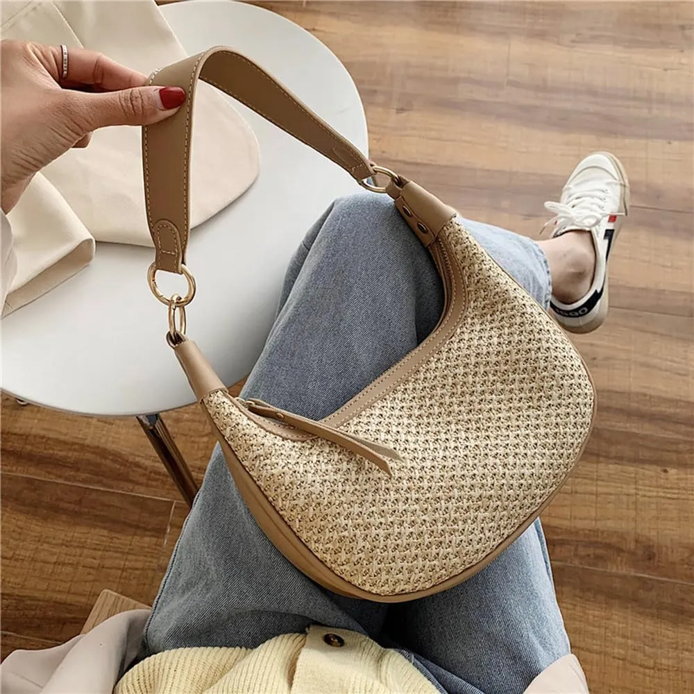 RTGGSEL Boho Summer Retro Women's Straw Rattan Beach Tote Bag Crossbody Shoulder Bags Hobo Underarm Handbag Straw Purse