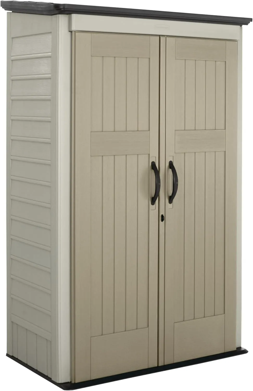 Rubbermaid Vertical Resin Outdoor Storage Shed With Floor (4 x 2.5 Ft) Weather Resistant Beige/Brown Organization for Home/Backyard/Pool Chemicals/Toys/Garden Tools/Porch/Patio Cushions